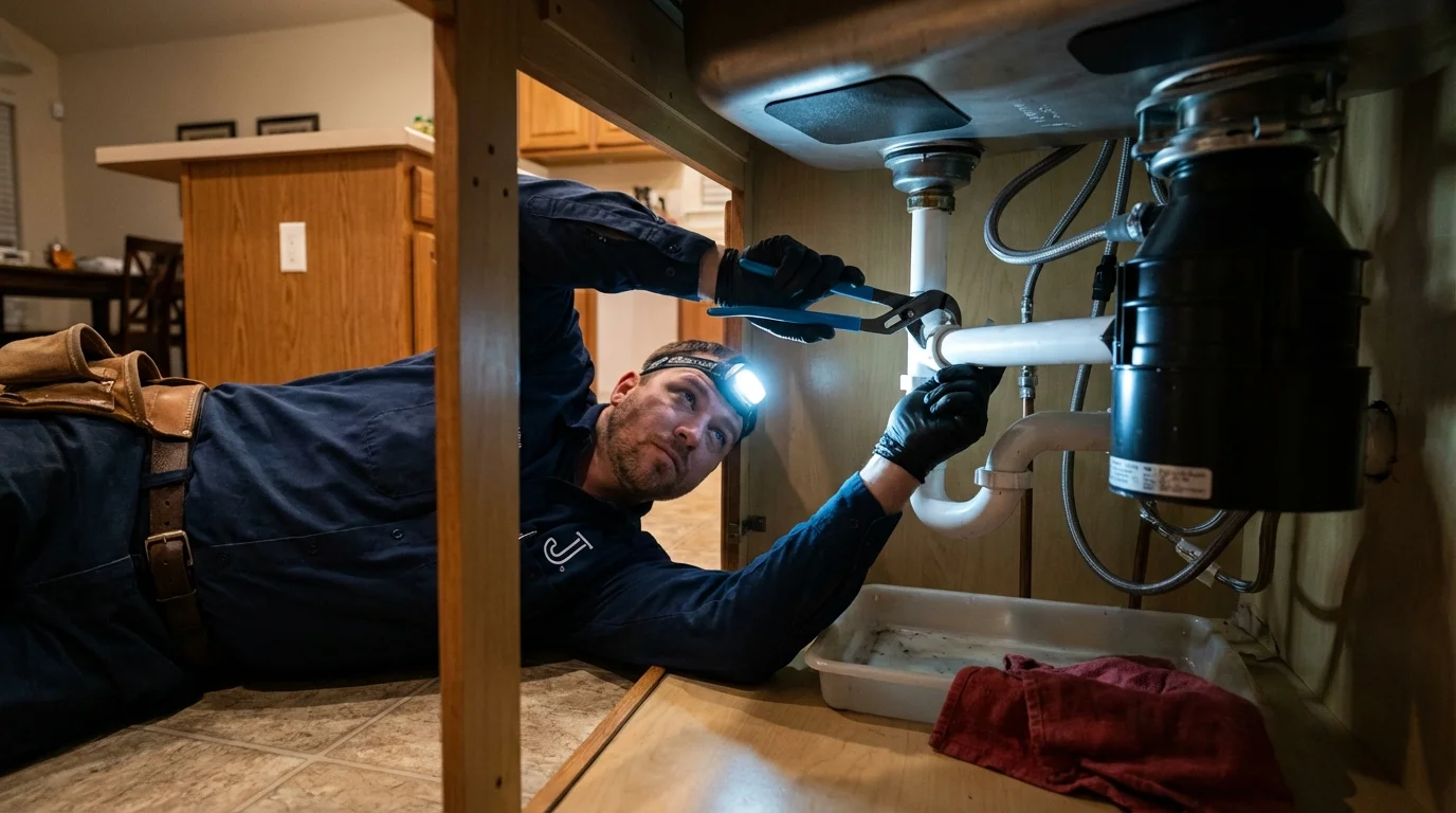 P-trap and supply line connections under a kitchen sink showing a common leak point in Barrow, AK